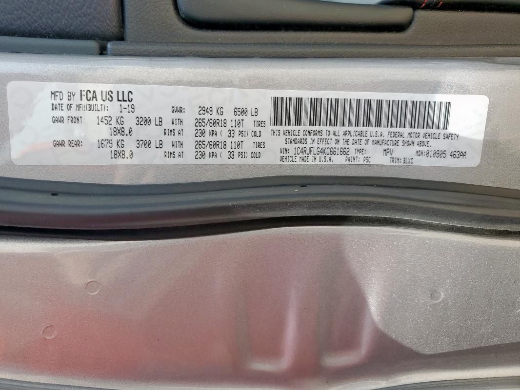 1C4RJFLG4KC661662 - 2019 JEEP GRAND CHER TRAILHAWK Մոխրագույն լուսանկար 13