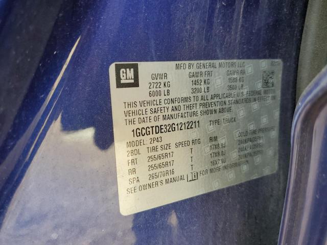 1GCGTDE32G1212211 - 2016 CHEVROLET COLORADO Z71 BLUE photo 12