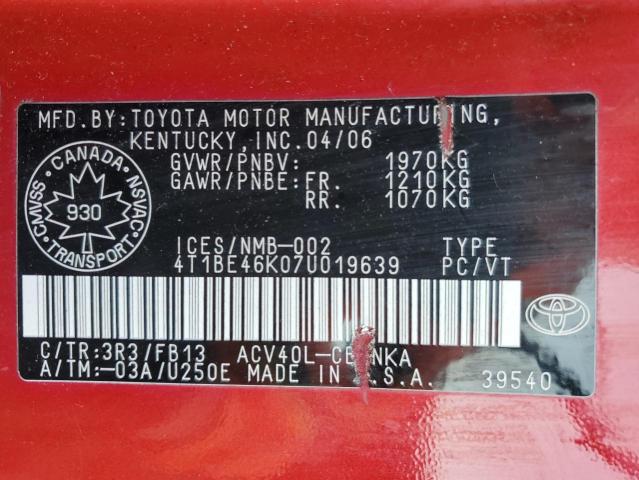 4T1BE46K07U019639 - 2007 TOYOTA CAMRY CE Қызыл фото 12