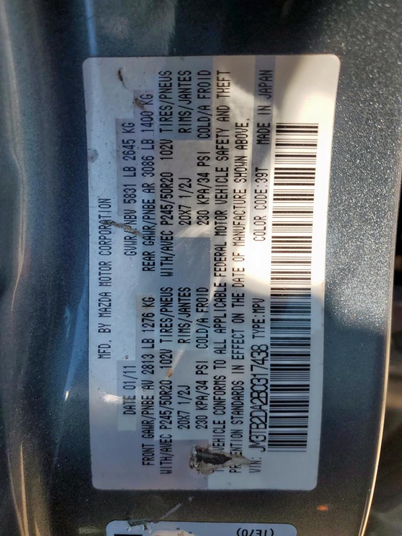 JM3TB2DA2B0317438 - 2011 MAZDA CX-9 TEAL photo 13