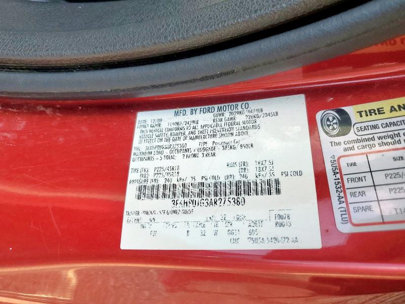 3FAHP0JG3AR275380 - 2010 FORD FUSION SEL 红色 照片 12