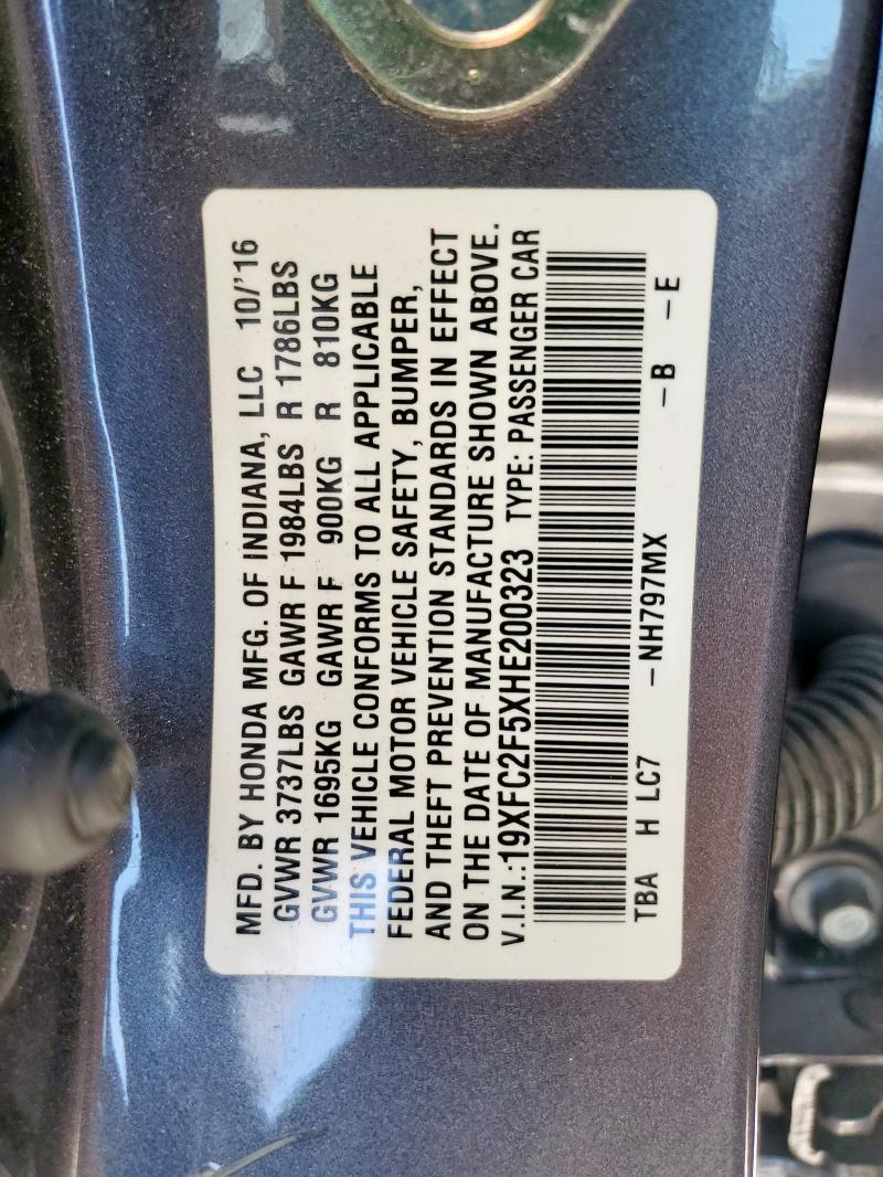 19XFC2F5XHE200323 - 2017 HONDA CIVIC LX ნაცრისფერი ფოტო 12