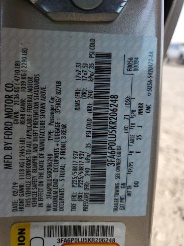 3FA6P0LU5KR206248 - 2019 FORD FUSION SE TAN photo 12