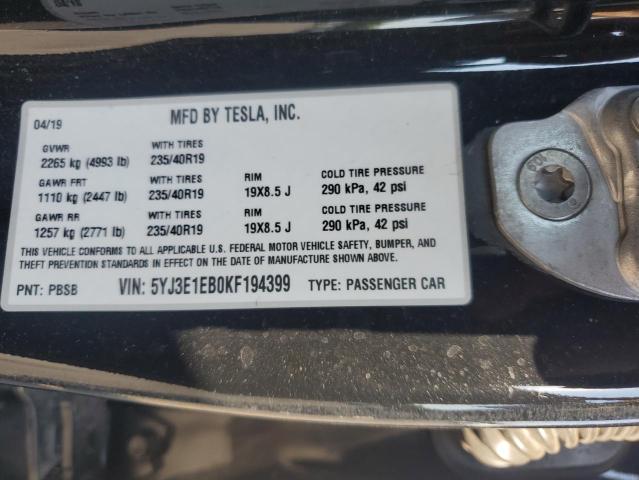 5YJ3E1EB0KF194399 - 2019 TESLA MODEL 3 Siyah fotoğraf 12
