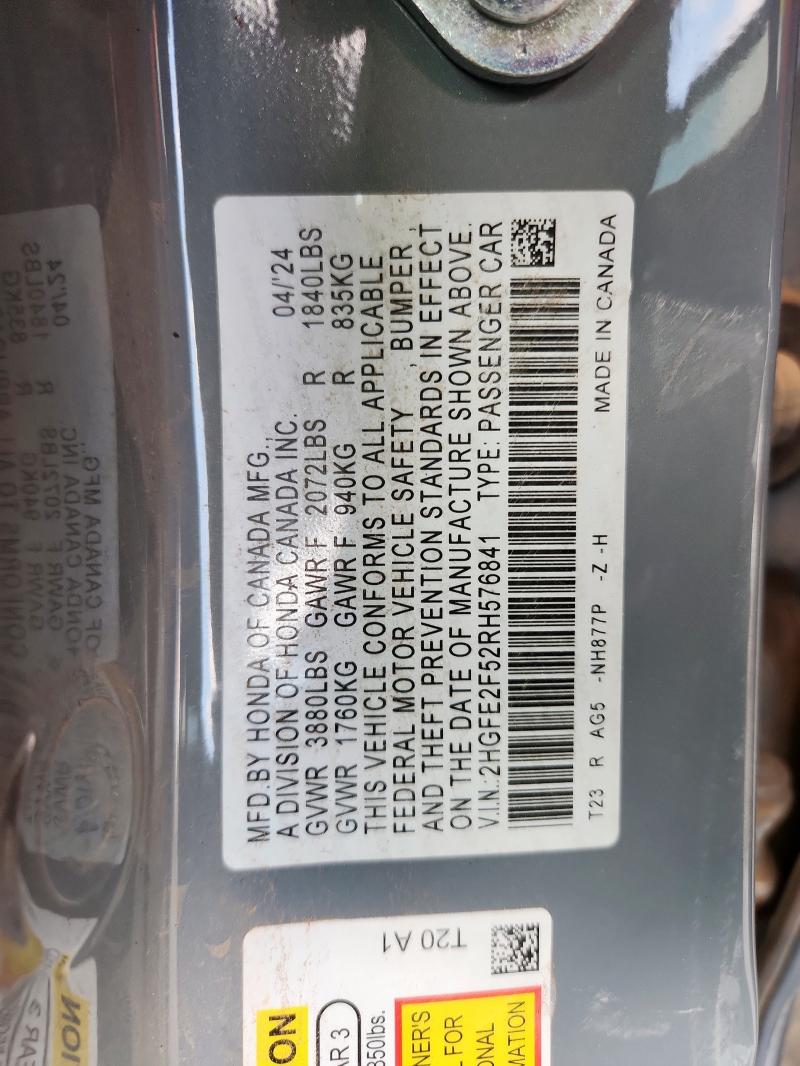 2HGFE2F52RH576841 - 2024 HONDA CIVIC SPORT 灰色 照片 12