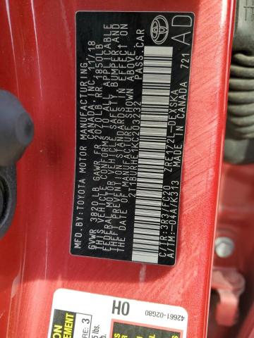 2T1BURHE1KC203232 - 2019 TOYOTA COROLLA L RED photo 13