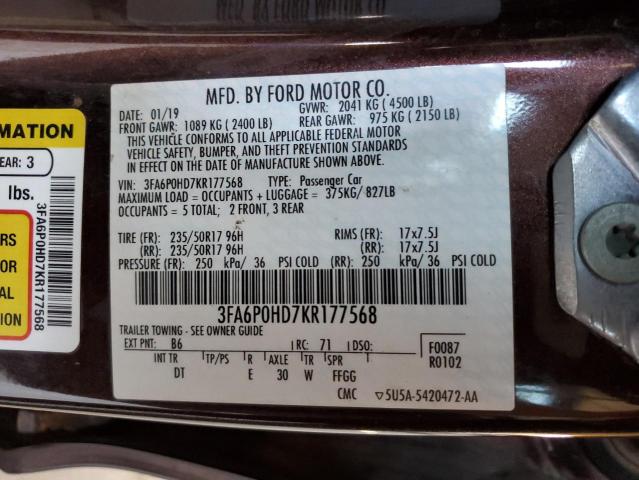 3FA6P0HD7KR177568 - 2019 FORD FUSION SE Bordo foto 12