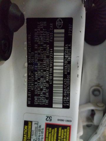 4T1B11HK1KU273344 - 2019 TOYOTA CAMRY L WHITE photo 12