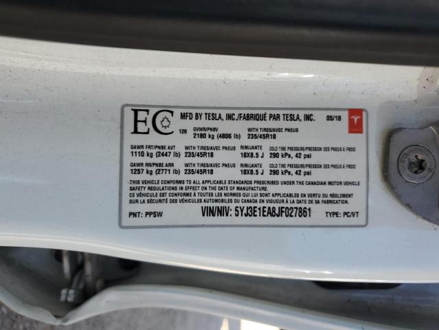 5YJ3E1EA8JF027861 - 2018 TESLA MODEL 3 WHITE photo 13
