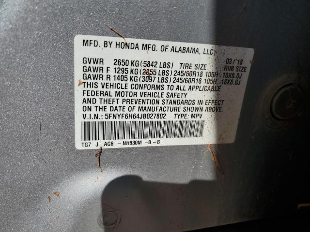 5FNYF6H64JB027802 - 2018 HONDA PILOT EXL Gümüş fotoğraf 13