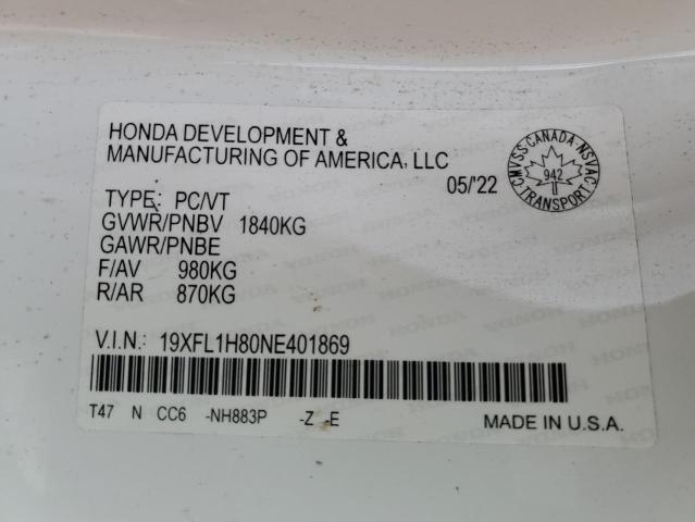 19XFL1H80NE401869 - 2022 HONDA CIVIC SPORT TOURING WHITE photo 12