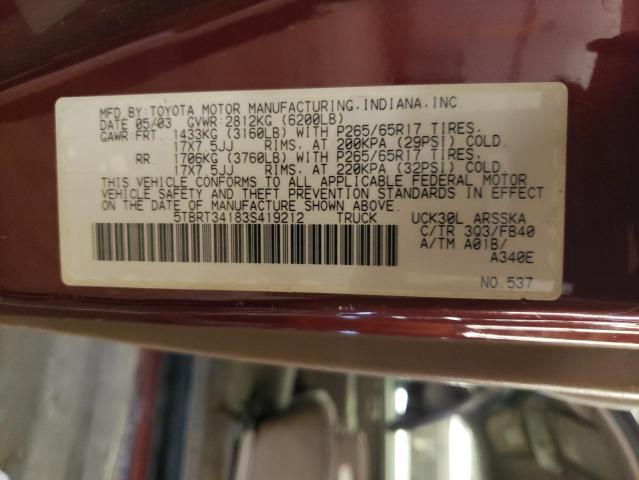 5TBRT34183S419212 - 2003 TOYOTA TUNDRA ACCESS CAB SR5 BURGUNDY photo 12