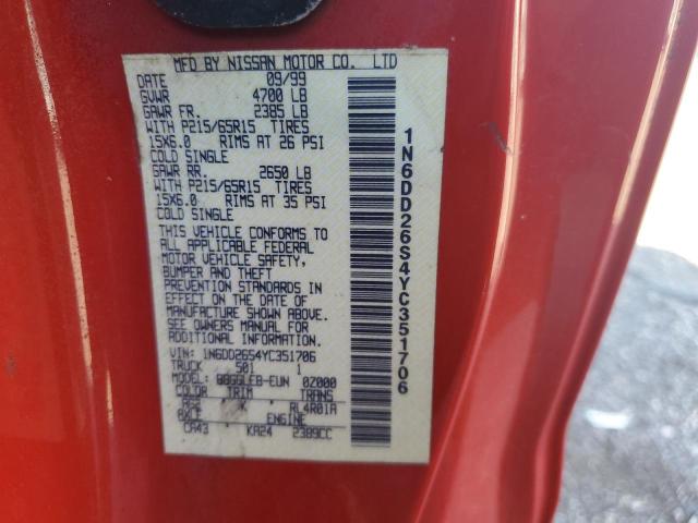 1N6DD26S4YC351706 - 2000 NISSAN FRONTIER KING CAB XE RED photo 12