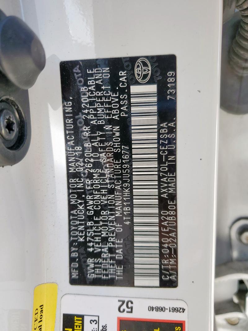 4T1B11HK9JU591677 - 2018 TOYOTA CAMRY L Ақ фото 12