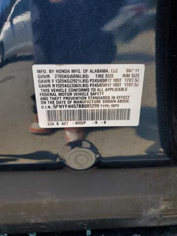 5FNYF4H57BB085299 - 2011 HONDA PILOT EXL BLUE photo 12