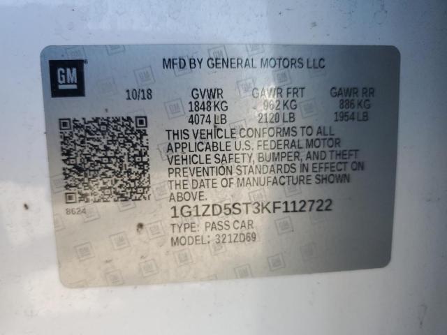 1G1ZD5ST3KF112722 - 2019 CHEVROLET MALIBU LT Beyaz fotoğraf 12