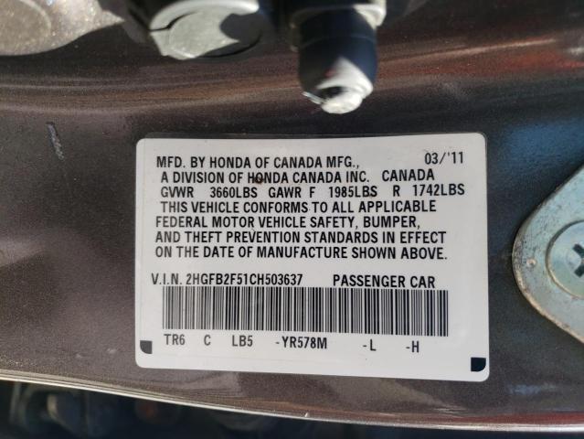 2HGFB2F51CH503637 - 2012 HONDA CIVIC LX GRAY photo 12