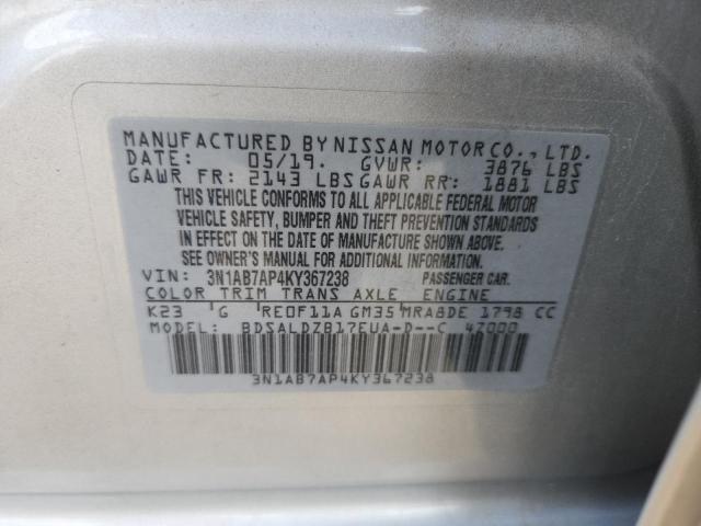 3N1AB7AP4KY367238 - 2019 NISSAN SENTRA S 银色 照片 13