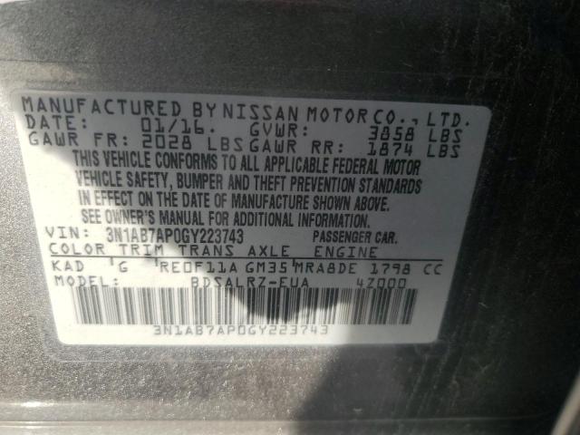 3N1AB7AP0GY223743 - 2016 NISSAN SENTRA S GRAY photo 12