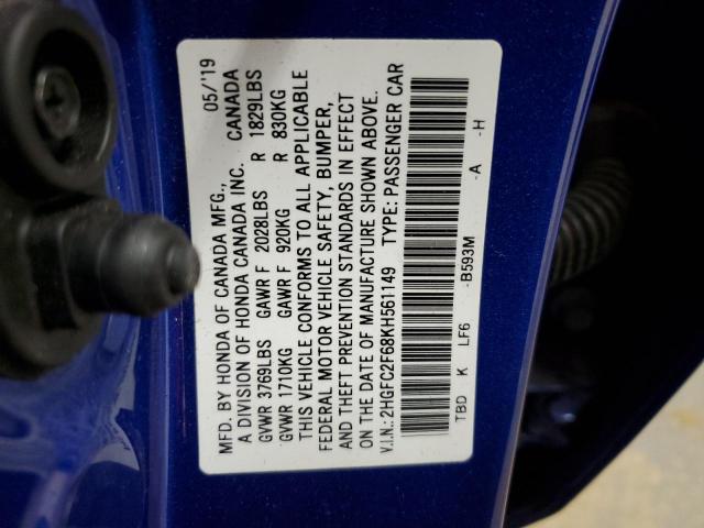 2HGFC2F68KH561149 - 2019 HONDA CIVIC LX Blau Foto 12