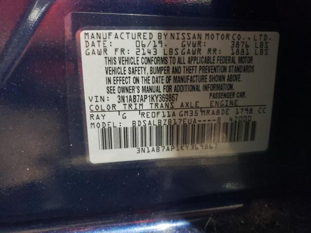 3N1AB7AP1KY369867 - 2019 NISSAN SENTRA S 蓝色 照片 12