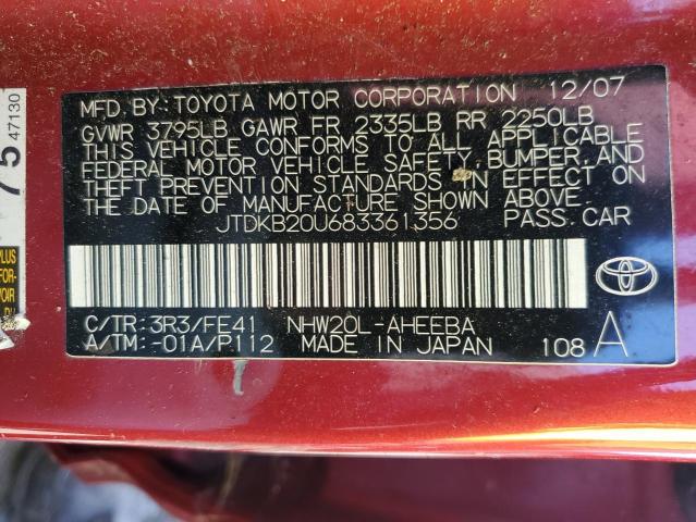 JTDKB20U683361356 - 2008 TOYOTA PRIUS RED photo 12