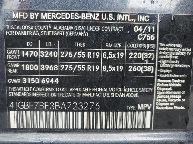 4JGBF7BE3BA723276 - 2011 MERCEDES-BENZ GL 450 4MATIC GRAY photo 13
