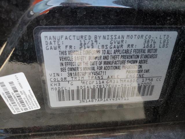 3N1AB7AP1KY454711 - 2019 NISSAN SENTRA S BLACK photo 12