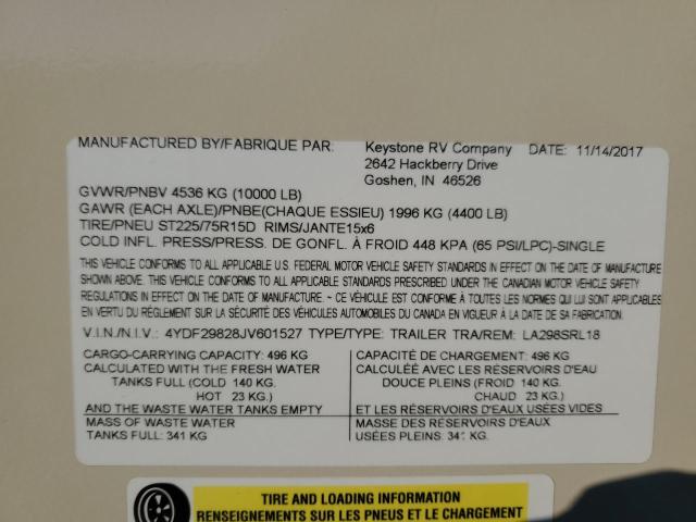 4YDF29828JV601527 - 2018 KEYSTONE TRAILER TAN photo 10