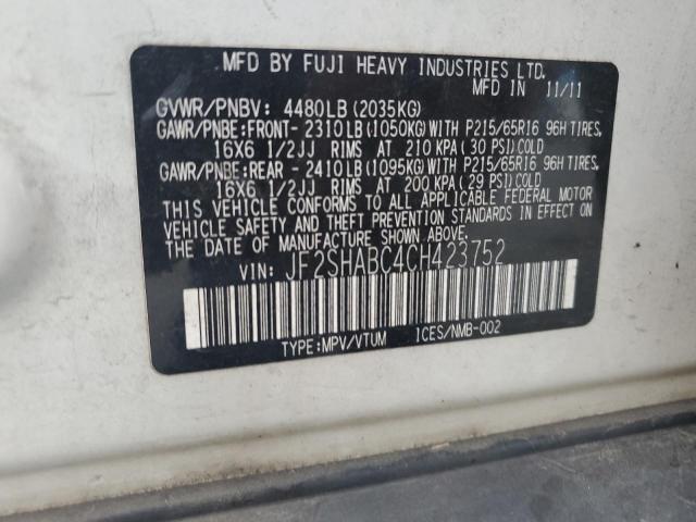 JF2SHABC4CH423752 - 2012 SUBARU FORESTER 2.5X თეთრი ფოტო 12