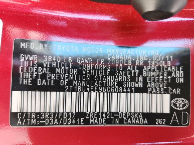 2T1BU4EE9BC608441 - 2011 TOYOTA COROLLA BASE RED photo 12