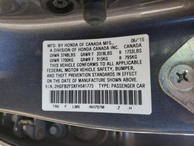 2HGFB2F5XFH541775 - 2015 HONDA CIVIC LX GRAY photo 12