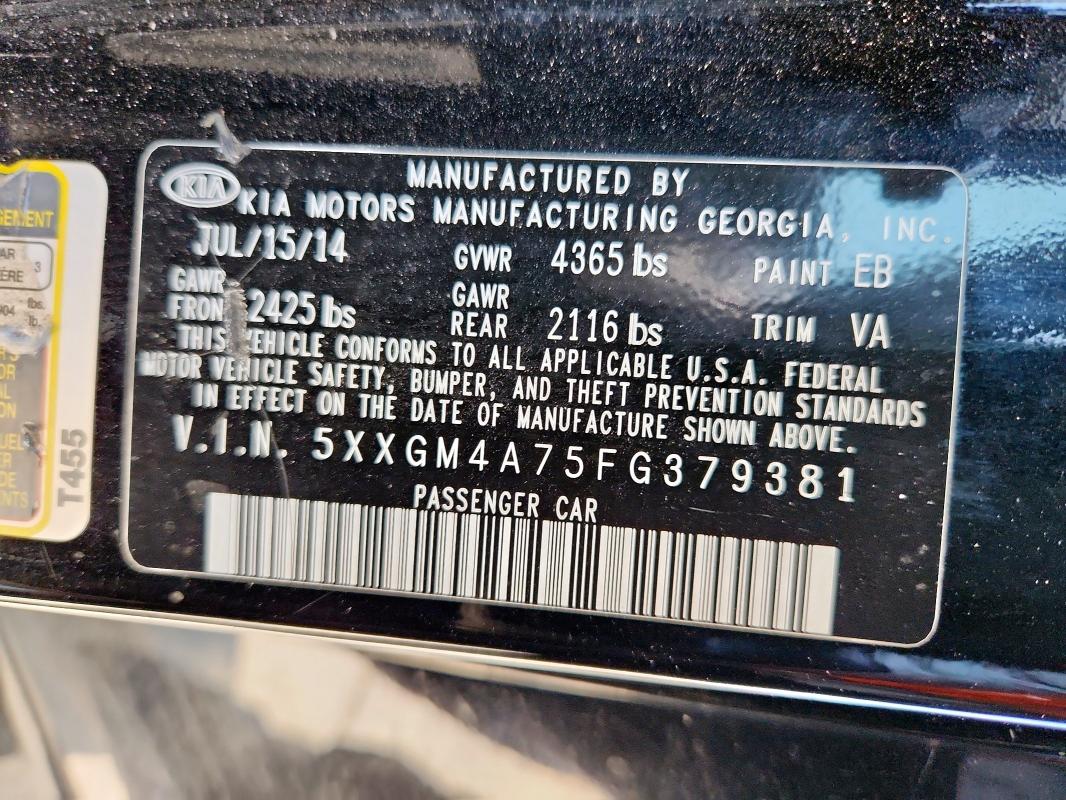 5XXGM4A75FG379381 - 2015 KIA OPTIMA LX BLACK photo 12