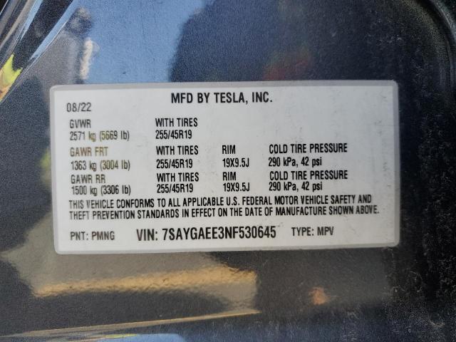 7SAYGAEE3NF530645 - 2022 TESLA MODEL Y CHARCOAL photo 13