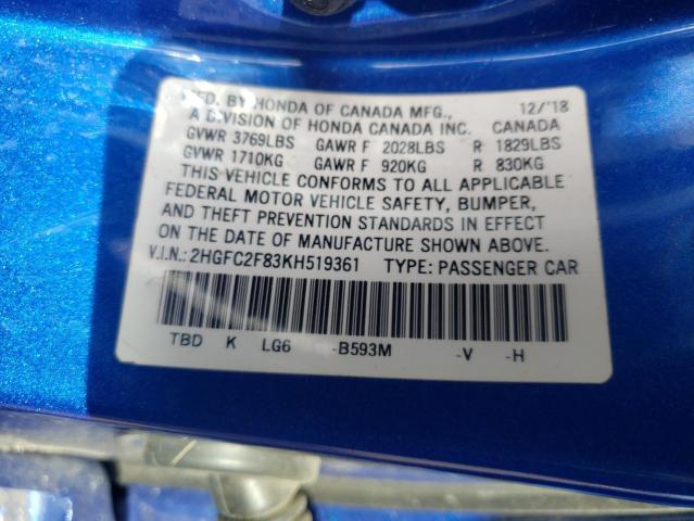 2HGFC2F83KH519361 - 2019 HONDA CIVIC SPORT ლურჯი ფოტო 13