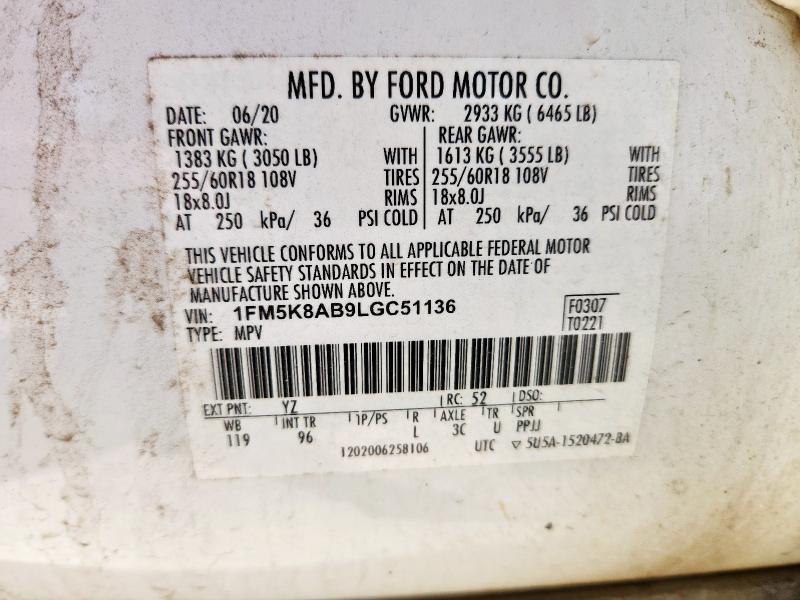 1FM5K8AB9LGC51136 - 2020 FORD EXPLORER POLICE INTERCEPTOR أبيض صورة 13