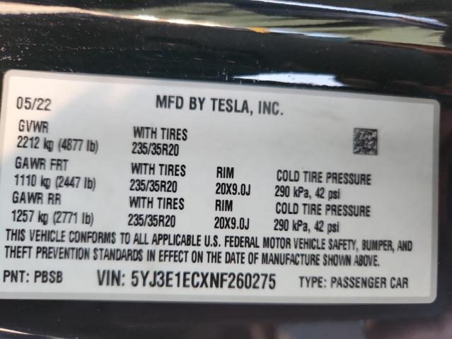 5YJ3E1ECXNF260275 - 2022 TESLA MODEL 3 Noir photo 13