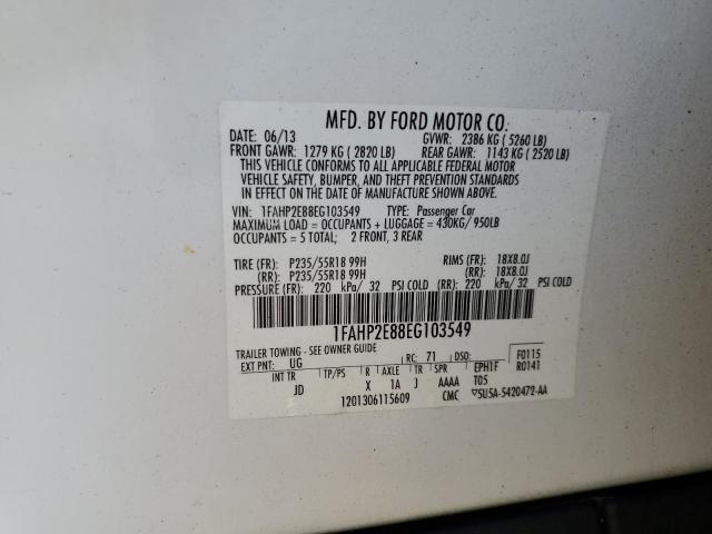 1FAHP2E88EG103549 - 2014 FORD TAURUS SEL WHITE photo 12