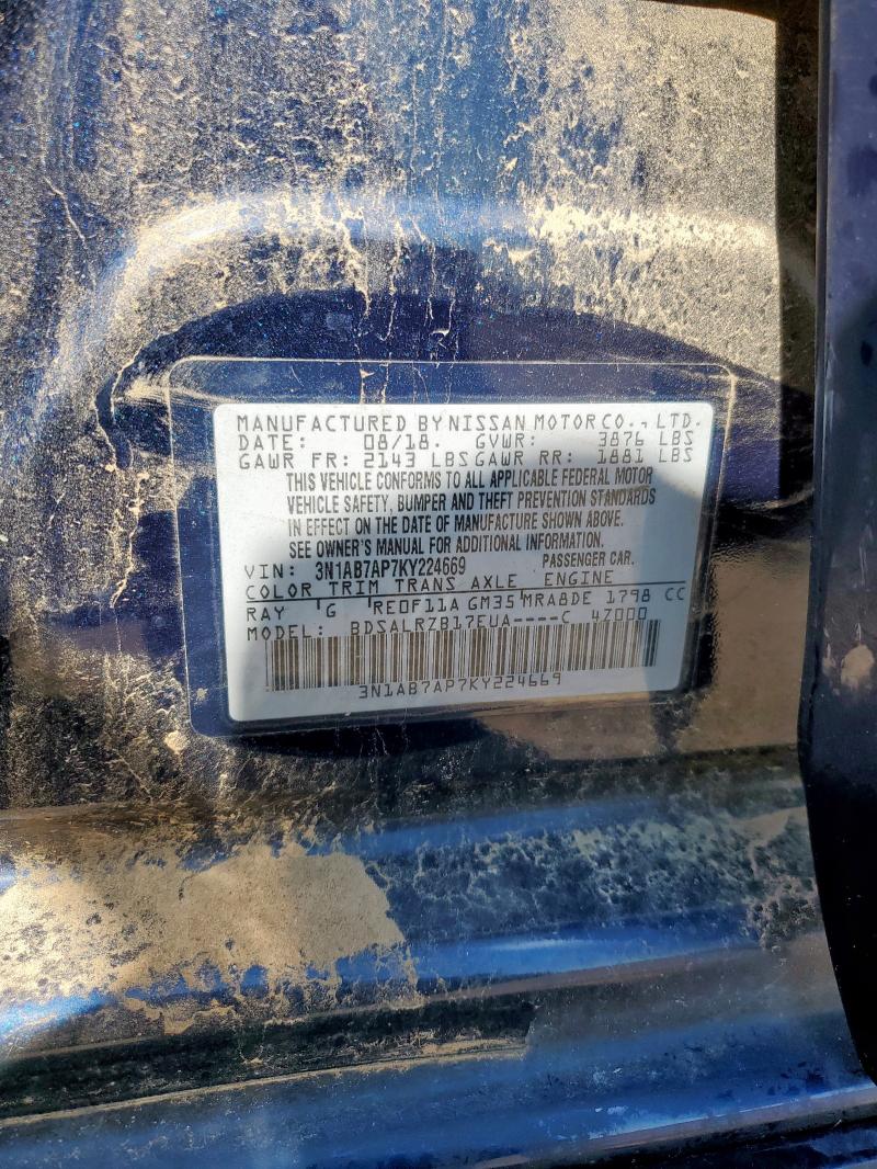 3N1AB7AP7KY224669 - 2019 NISSAN SENTRA S 蓝色 照片 12