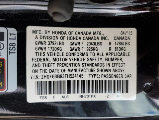 2HGFG3B83FH524145 - 2015 HONDA CIVIC EX BLACK photo 12