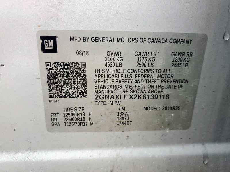 2GNAXLEX2K6139118 - 2019 CHEVROLET EQUINOX LT SILVER photo 14