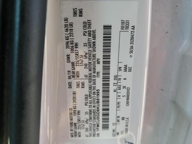 1FMCU0GD8KUB81995 - 2019 FORD ESCAPE SE WHITE photo 12