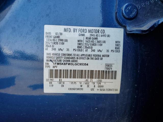 1FM5K8FW3LGC95354 - 2020 FORD EXPLORER LIMITED BLUE photo 12