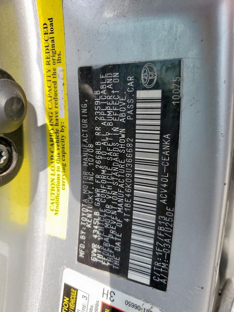 4T1BE46K09U366682 - 2009 TOYOTA CAMRY BASE ვერცხლისფერი ფოტო 12