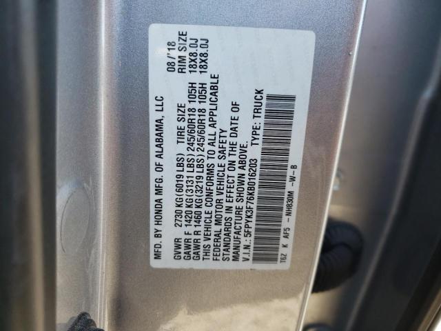 5FPYK3F76KB016203 - 2019 HONDA RIDGELINE RTL SILVER photo 12