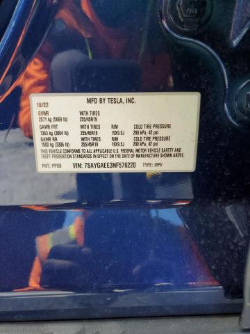 7SAYGAEE3NF576220 - 2022 TESLA MODEL Y Niebieski zdjęcie 14