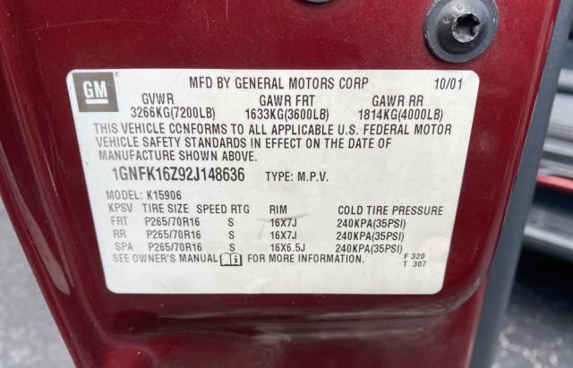 1GNFK16Z92J148636 - 2002 CHEVROLET SUBURBAN K1500 MAROON photo 10