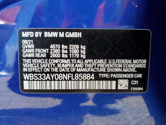 WBS33AY08NFL85884 - 2022 BMW M3 COMPETITION BLUE photo 12
