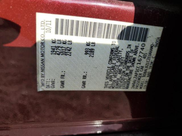 1N4AL2AP1CC167740 - 2012 NISSAN ALTIMA BASE Բորդո լուսանկար 12