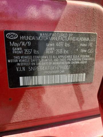 5NPE34AF6KH796007 - 2019 HYUNDAI SONATA LIMITED წითელი ფოტო 13